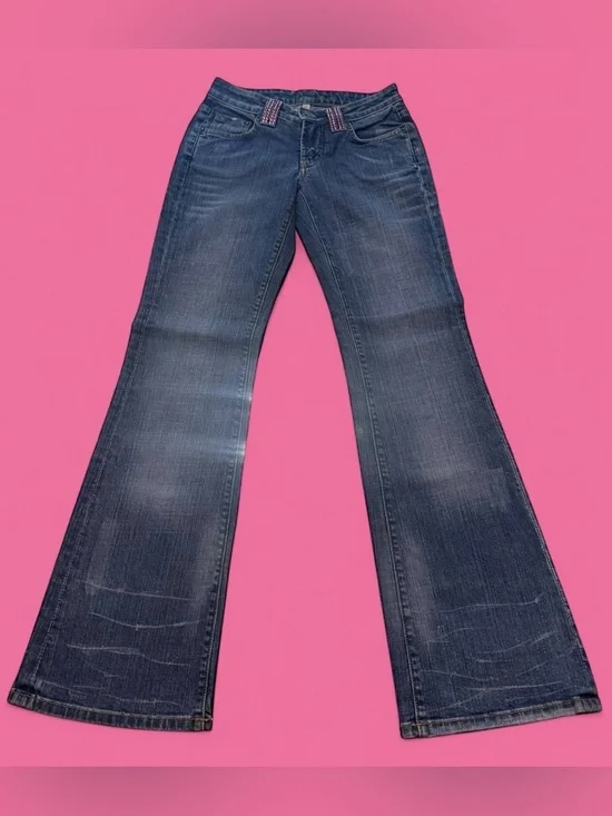 bebe Blue Denim Bootcut Jeans with Pink Rhinestone Logo - Picture 5 of 12